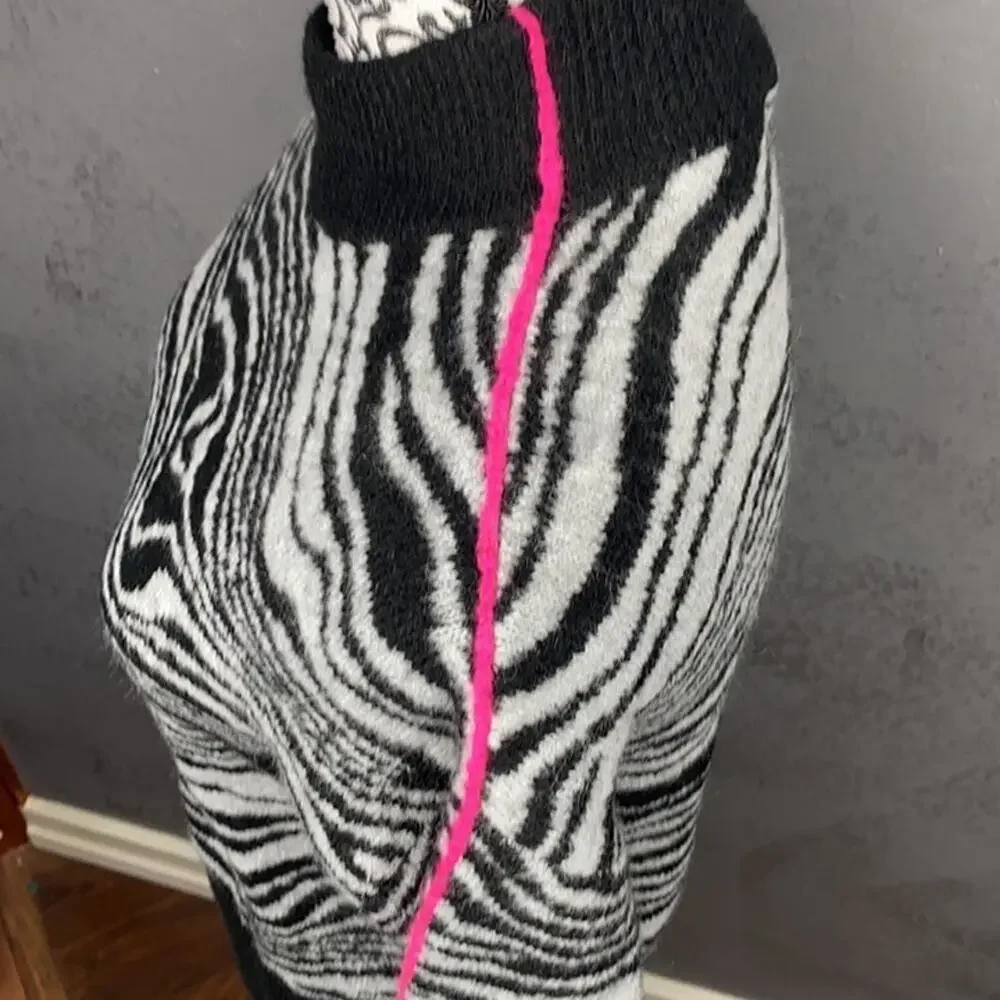 Halogen Swirl Zebra Mock Neck Sweater Black White Pink Stripe Cozy Soft NWT Sz L